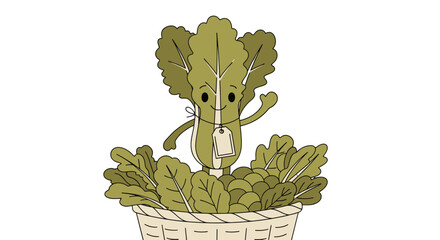 Cartoon Illustration Of Happy Bok Choy In A Basket With A Greeting Gesture