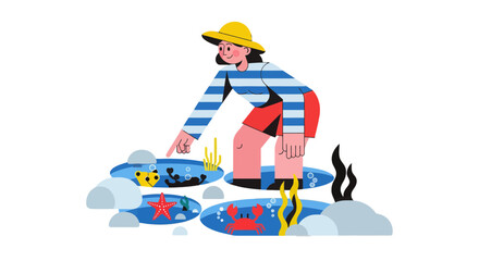 Cartoon Illustration Showing A Person Near The Sea With Marine Animals, Minimalist Style