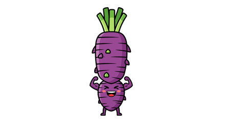 Cartoon Illustration Of A Muscular Purple Carrot Character With Green Leaves On Top