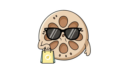 Cartoon Lotus Root Wearing Sunglasses, Holding Shopping Bag, Isolated on Black Background
