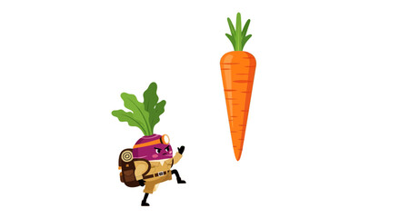 Cartoon Miner Vegetable Facing Large Carrot Isolated on a Black Backdrop