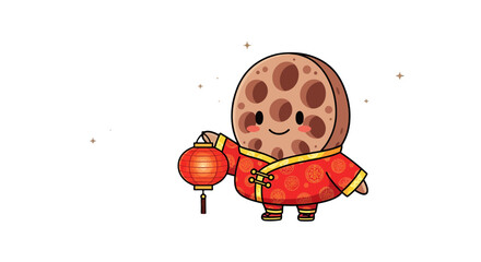 Cartoon Lunar Character Smiling While Holding Paper Lantern Amidst Twinkling Stars