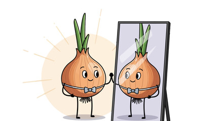 Cartoon Onion Admiring Its Reflection in A Mirror with Stylish Bowtie and Grinning Faces