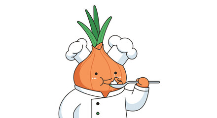 Cartoon Onion Chef with a Spoon Tasting Food Against Black Background