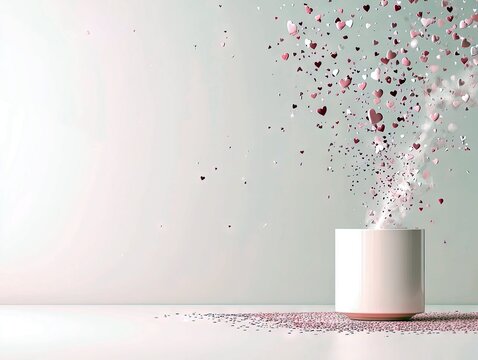 A white cup releases a cloud of pink and red heart-shaped confetti into the air, scattering across a light background.