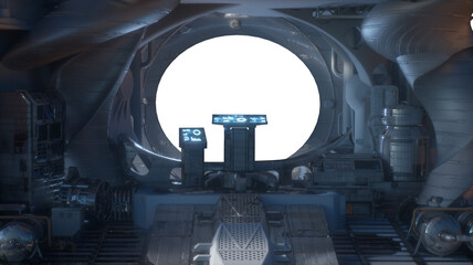 Spaceship Cockpit Interior with View of Earth and Stars Through Window - Sci-Fi Space Travel 3d render on white background © de Art