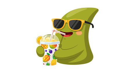 Fototapeta premium Cartoon Character Enjoying Tropical Drink With Sunglasses And Smiling Blissfully