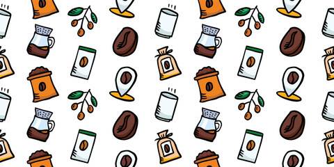 Seamless Coffee Doodle Pattern: Beans, Roast Bag, Jar, Cup, Location Pin, and Cherry Branch. HandDrawn Cafe Background for Menu, Packaging, Web Banner, Barista Design, and Modern Restaurant Decoration