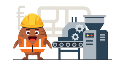 Fototapeta premium Cartoon Factory Worker Stands Beside Industrial Equipment Illustrating Production Process