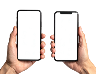 Two hands hold up blank modern smartphones