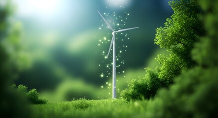 Wind turbine in lush green landscape with sparkling light effects