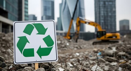 Recycling symbol amidst urban demolition and reconstruction in a cityscape