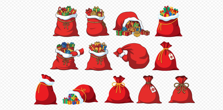 A collection of cartoon Santa sacks filled with colorful gifts, perfect for Christmas illustrations.