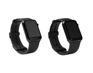 Two sleek, black digital wristwatches on black bands