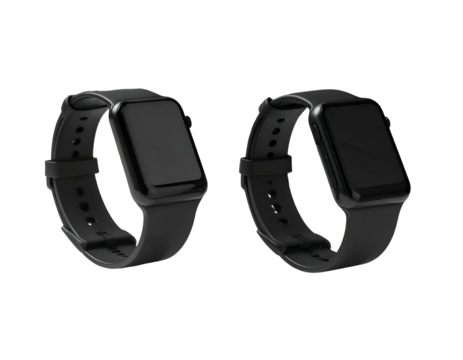 Two sleek, black digital wristwatches on black bands