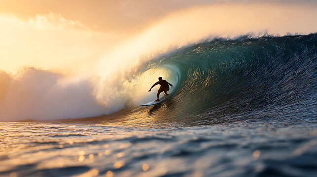 Determined Male Surfer Riding The Crest Of A Giant Pipeline Wave At Sunset