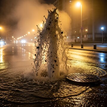 Water erupts from underground pipe onto street at night.