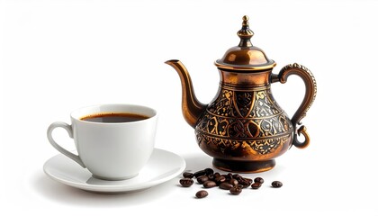 An elegant setup featuring a cup of freshly brewed coffee, a decorative teapot and coffee beans. The image captures the warmth and richness of the beverage.