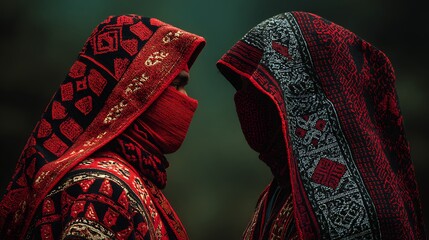 Two figures in traditional red and black patterned head coverings facing each other closely in dim light