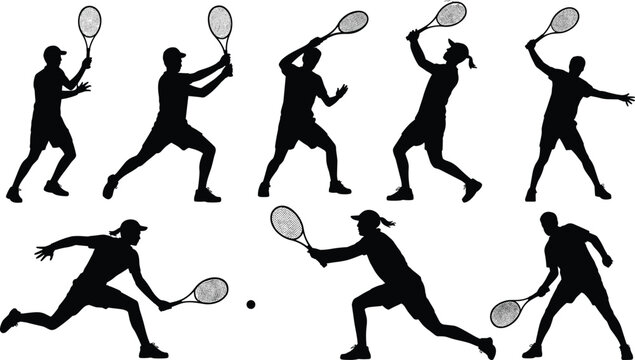 Tennis player silhouette vector set showing action poses, racket movements, sports energy, athletic training, and competitive game techniques