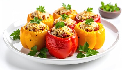 Delicious stuffed bell peppers, a vibrant and appetizing culinary creation. Six colorful bell peppers, filled with a savory mixture, are garnished with fresh herbs