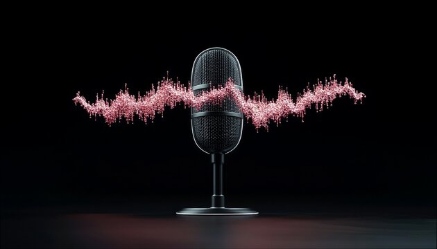 A vintage-style microphone is centrally placed, with a pink, abstract sound wave emanating from its side, set against a dark, minimalist background. - Powered by Adobe