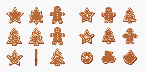 Gingerbread cookies in various shapes, including stars, trees, and gingerbread men, decorated with white icing.