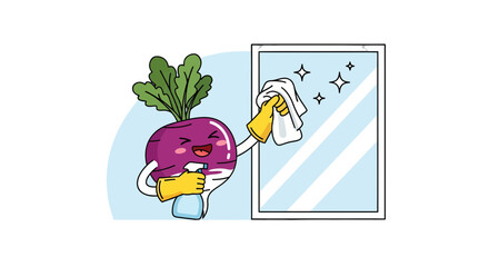 Fototapeta premium Cheerful Turnip Character Cleaning a Window with Gleaming Sparkle and Delightful Joy