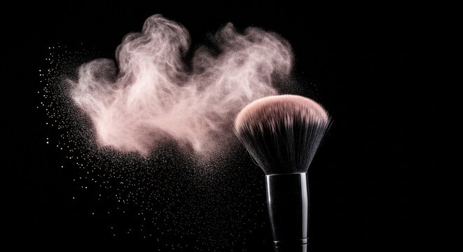 Professional makeup brush with explosion of pink powder dust on black background with copy space.