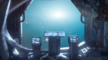 Spaceship Cockpit Interior with View of Earth and Stars Through Window - Sci-Fi Space Travel 3d render © de Art