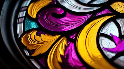 A detailed view of a stained glass window featuring vibrant colors and ornate, swirling floral designs.