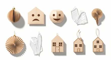 Handmade holiday wishes represented by paper and wood Christmas ornaments in a flat lay style