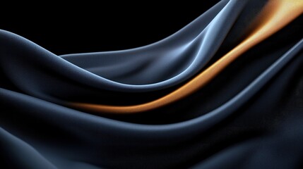A close-up view of dark blue fabric with a striking golden stripe flowing through it, creating elegant curves and shadows on a black background.
