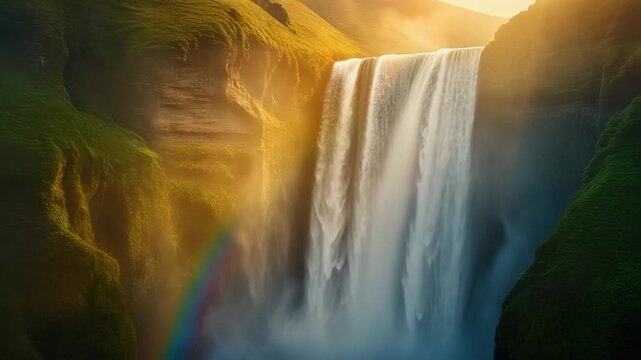 Majestic Waterfall Displaying Rainbow with Sunlight Shining Through on Green Hills