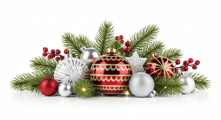Vibrant Festive Arrangement of Ornaments, Fir, and Red Berries Radiating Warm Holiday Season Wishes