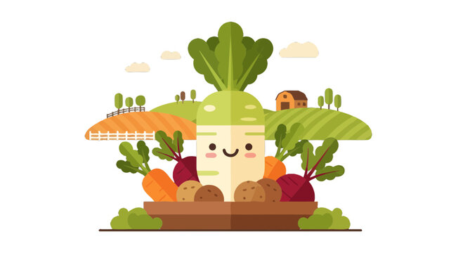 Cheerful Vegetable Garden Scene Depicting a Smiling Daikon with Assorted Root Vegetables Display