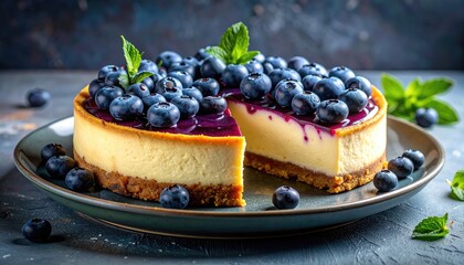 A delicious blueberry cheesecake, beautifully presented on a plate, ready to be enjoyed