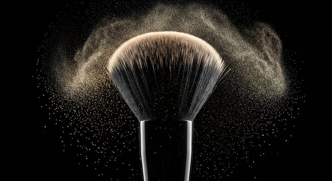 Macro close-up of makeup brush bristles with golden powder particles on black background.