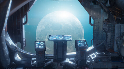 Spaceship Cockpit Interior with View of Earth and Stars Through Window - Sci-Fi Space Travel 3d render