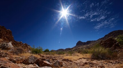 A vibrant desert landscape under a clear blue sky, with bright sunlight illuminating rocky terrain and sparse vegetation.