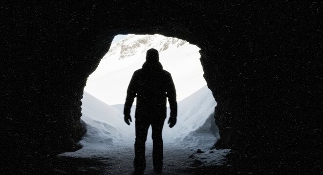 Silhouette of a lone explorer emerging from a dark cave into a bright snowy mountain landscape