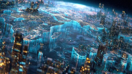 Obraz premium A stunning aerial view of a futuristic cityscape illuminated by blue lights, showcasing a vibrant network of urban life and advanced technology.