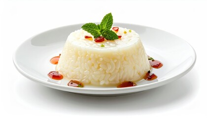 A delicious and visually appealing dessert, presented on a white plate and garnished with fresh mint leaves. The dessert itself has a smooth, creamy texture