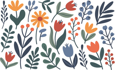 Cute Minimalist Flower Leaf Spring Doodle Vector Set .