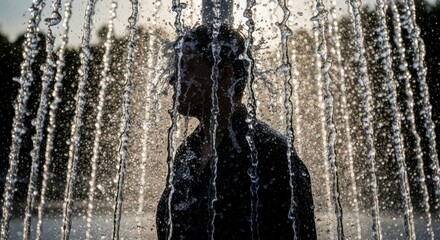 Person's silhouette captured amidst a sparkling curtain of water against the sunlight