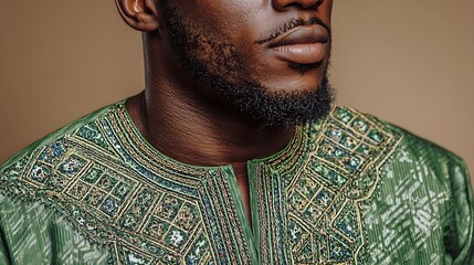 Close up shot of a man with a beard wearing a green embroidered shirt in a studio setting portrait