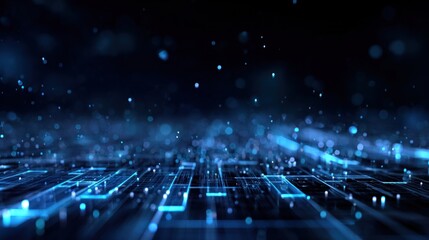 A futuristic digital landscape with glowing blue lines and particles, creating an atmosphere of advanced technology and connectivity.