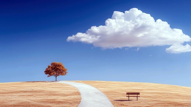 A lone tree stands on a dry, golden hill beside a winding path, with a wooden bench offering a place to rest under a bright blue sky and a fluffy white cloud.