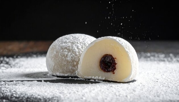 Delightful mochi desserts coated with powdered sugar, offering a glimpse of the sweet filling inside