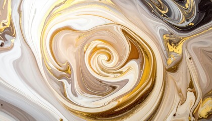 Abstract gold and white swirling marble texture, perfect for modern design backgrounds. The art is an elegant display of fluidity and luxury